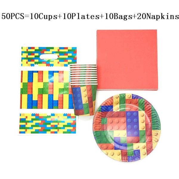 

disposable dinnerware building block brick theme party decoration banner flags kids birthday cup plate tableware baby shower tablecloth supp