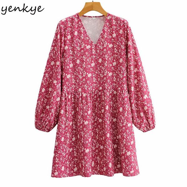 

casual dresses yenkye spring women long sleeve v neck floral print dress female loose vestido plus size short, Black;gray