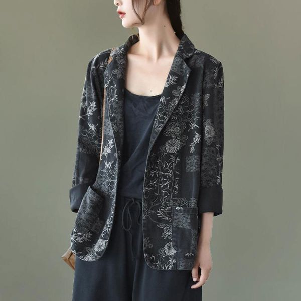 

women's wool & blends arrival spring autumn women long sleeve single breasted loose casual jackets cotton denim vintage print coat, Black