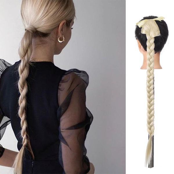 

synthetic wigs ctrlalt-28 inch ponytail wig strap twist braid hair linen white gold women's, Black