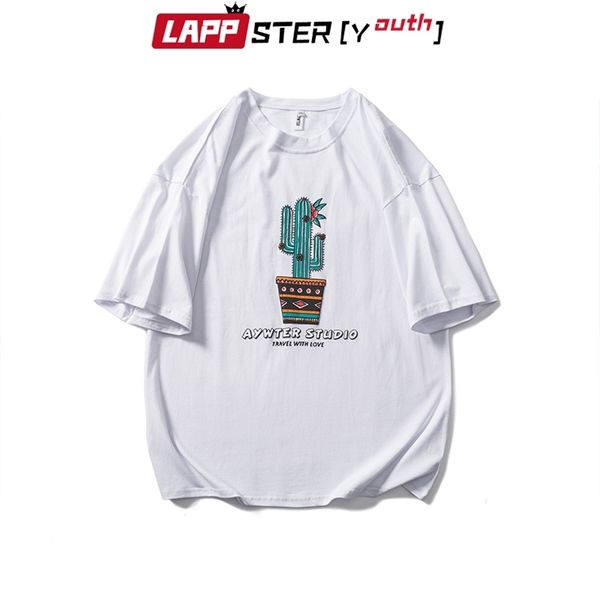 

men cactus designer japan style t-shirts summer mens harajuku graphic loose t shirt male vintage fashion tee 210420, White;black
