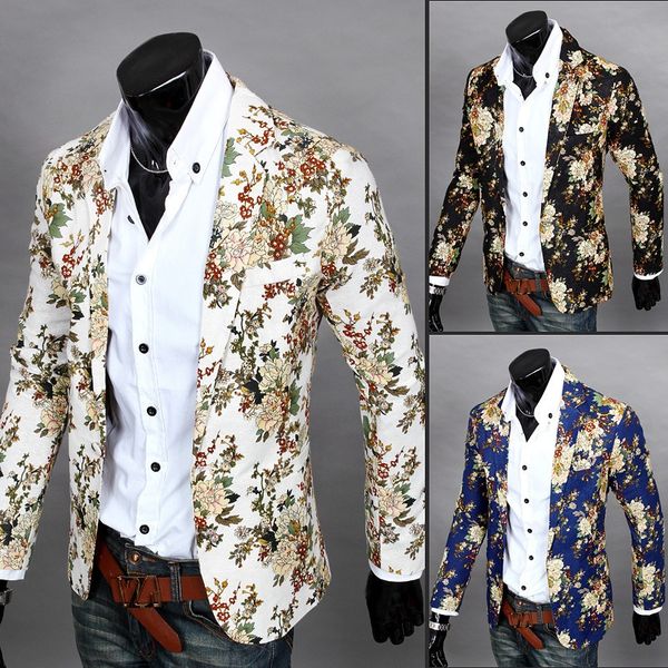 

new male retro vintage casual blazer beauty print design mens fashion suit jacket singer costume fashion nightclub dance coat, White;black
