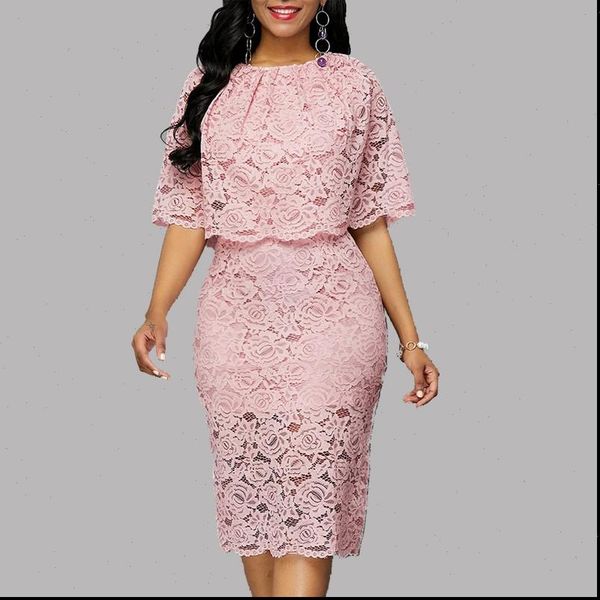 

large size round neck women dresses lace cutout elegant five point sleeves slim party vestidos 5xl, Black;gray