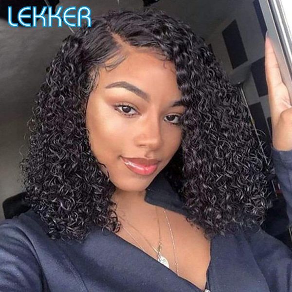 

lace wigs lekker short afro kinky curly hd part human hair wig for black women pre plucked glueless fluffy remy bob natural, Black;brown