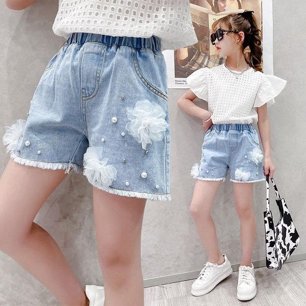 

girls' summer shorts with 3d flower children's beaded jeans school teenager fashion princess denim, Black