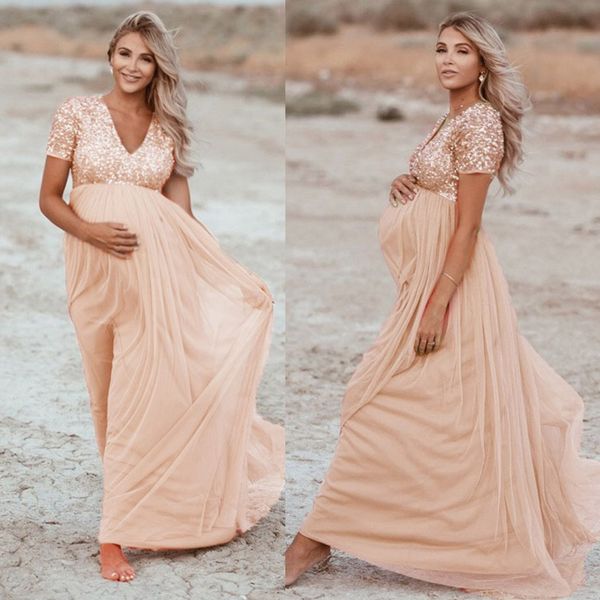 

women pregnants maternity dresses for p shoot soild color v-neck pgraphy props short sleeve sequined pregnancy dress, White