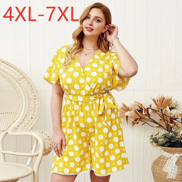 

ladies summer plus size jumpsuit for women large loose casual short sleeve yellow dot belt jumpsuits 4xl 5xl 6xl 7xl women's & rompers, Black;white