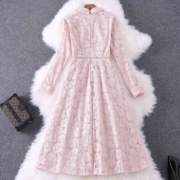 

two piece dress runway spring elegant woman long sleeve clothes turn down hollow out dressed in lace aline dress party rzip, White