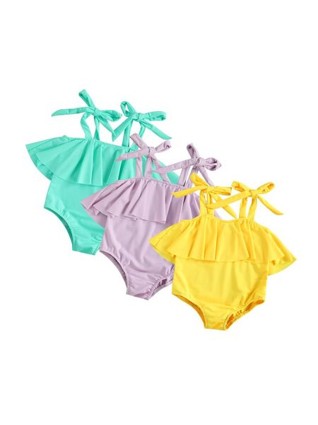

summer solid kids baby girls bodysuit swimsuit ruffle adjustable shoulder strap clothing 0-6t one-pieces, Black