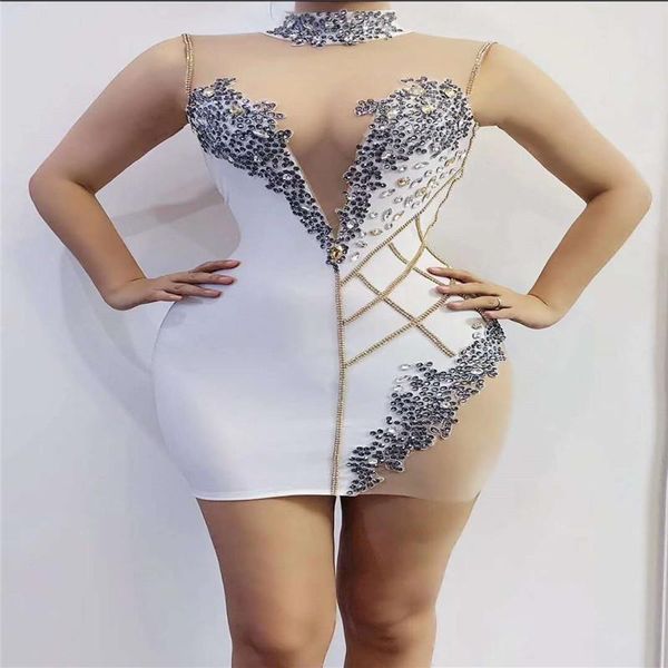 

party decoration v58 female pole dance stage costumes mesh rhinestones white skirt stretch crystal outfit drill dress women bar wear