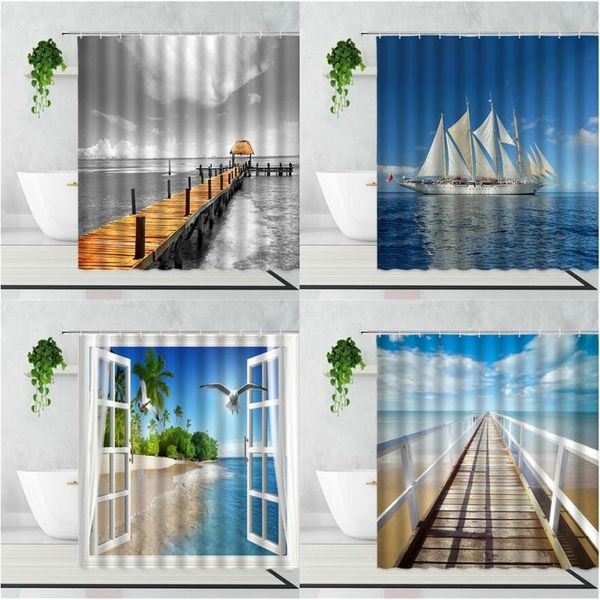 

shower curtains 3d beach window scenery curtain corridor plank road boat bathroom decoration waterproof bath polyester washable