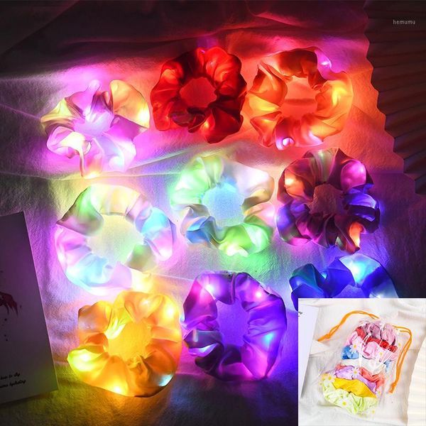 

9pcs/bag led luminous hair band satin scrunchies elastic tie glow accessories for halloween party christmas headwear1