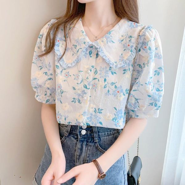 

women's blouses & shirts korean floral doll collar 2021 summer style loose and thin retro flower chiffon shirt sweet age reduction fema, White