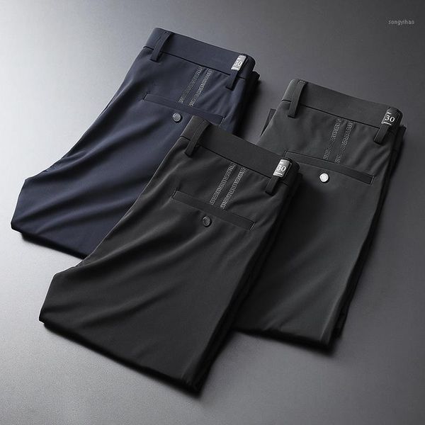 

men's pants 2021 ice silk crease resistant thin casual trousers for men. slide with elastic fabrics. summer leisure slim, Black
