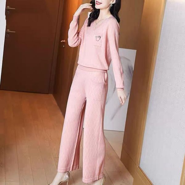 

women's two piece pants autumn winter sweater tracksuits women elegant v-neck knitted pullover+chic high waist wide leg simple ladies 2, White