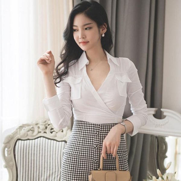 

office lady blouses women v-neck long sleeve casual blusas female work wear shirts white ta949 women's &