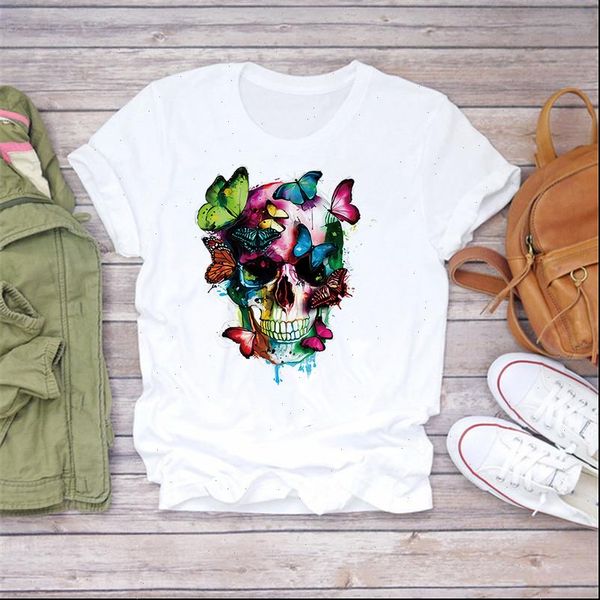 

graphic tees short sleeve skull womens butterfly print halloween tshirts girls ladies femme t shirt plus size, White