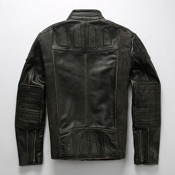 

men's genuine leather jacket retro cowhide motorcycle coat & faux, Black