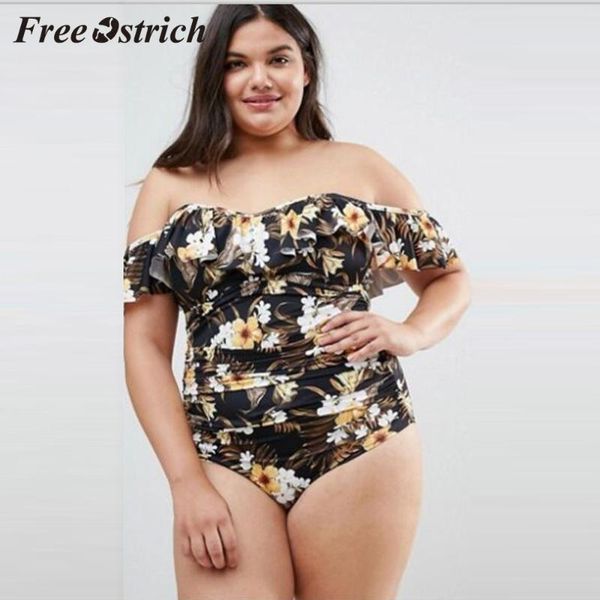 

bras sets ostrich s plus size women off shoulder printed fashion push-up padded ruffles bathing swimwear one-piece beachwear, Red;black
