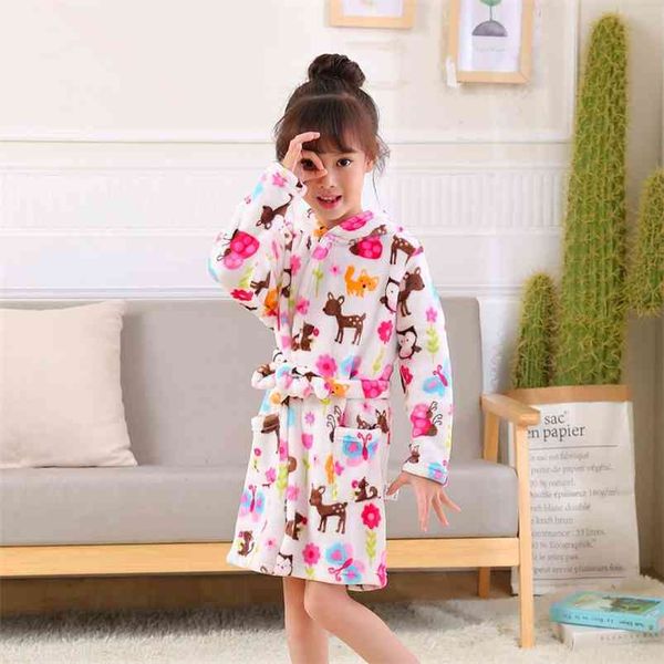 Cartoon Print Kinder Jungen Roben Flanell Langarm Mit Kapuze Mädchen Bademäntel Frühling Herbst Kinder Kleid Nette Baby Roben 210901