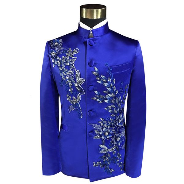 

chinese style formal stand collar men's suits blue sequins blazers 2 pieces set singer chorus host stage costume nightclub suit, White;black