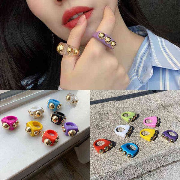 Craft Finger Decor Candy Color Anello in resina Gioielli da viaggio Anelli quadrati INS Perline dorate Donne Ragazze Gioielli da viaggio Regali G1125