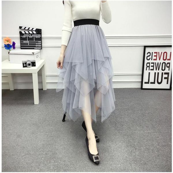 

skirts tulle woman summer skirt tutu 2021 korean black white high waist irregular midi pleated mesh female
