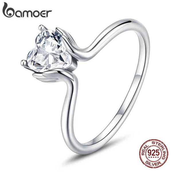 

bamoer 925 sterling silver bright love dazzling shiny heart shape crystal finger ring wedding engagement jewelry