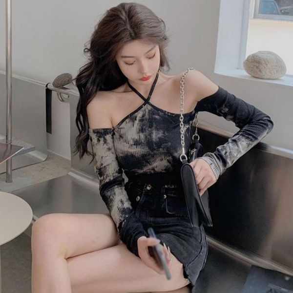 

women tie dye t-shirts y2k design sense of one-shoulder halter neck short long-sleeved shirt female punk style streetwear' women's, White