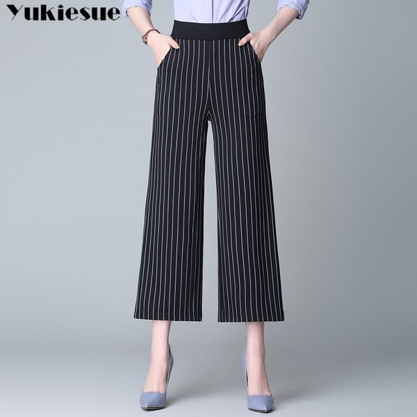 

wide leg pants for women striped printed ol office workwear women's capris high waist female trousers laides plus size 210518, Black;white