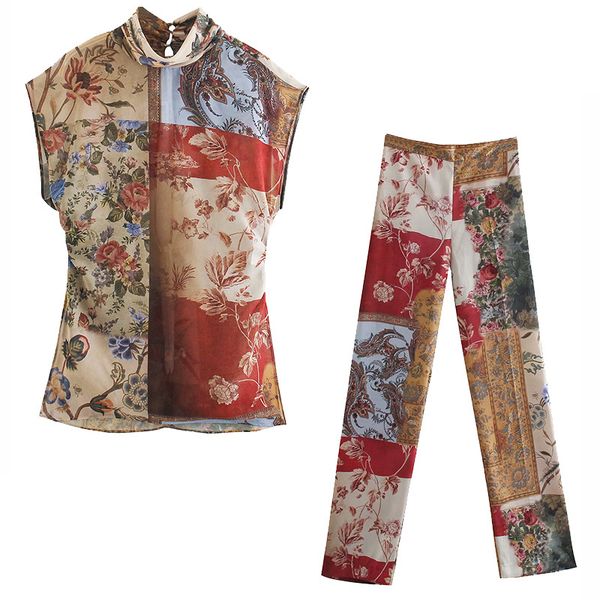 

women 2 pieces printed set sleeveless o-neck shirt long trousers suit chic lady fashion casual 210517, White