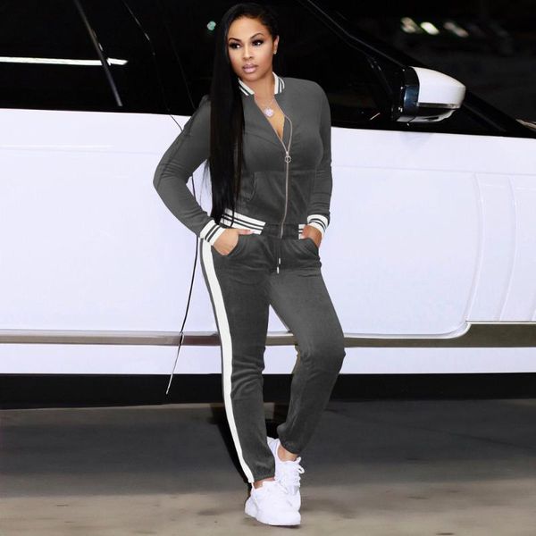 

women's two piece pants active wear sporty set tracksuit for women zipper up long sleeve slim jacket and side pocket workout pant co or, White