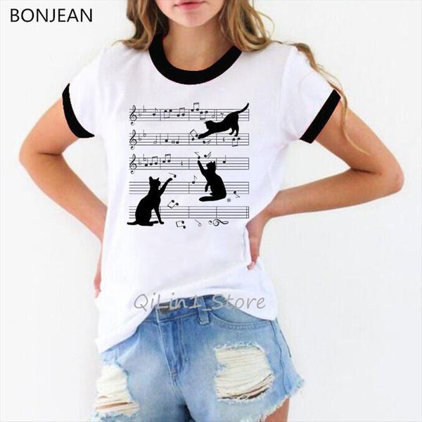 

sheet music cat note kitten womens t shirt lovers black printed women funny woman novel cute ringer tees, White