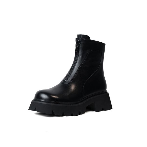 

asumer superior quality leather shoes genuine women's toe round bottom thick zip boots, Black