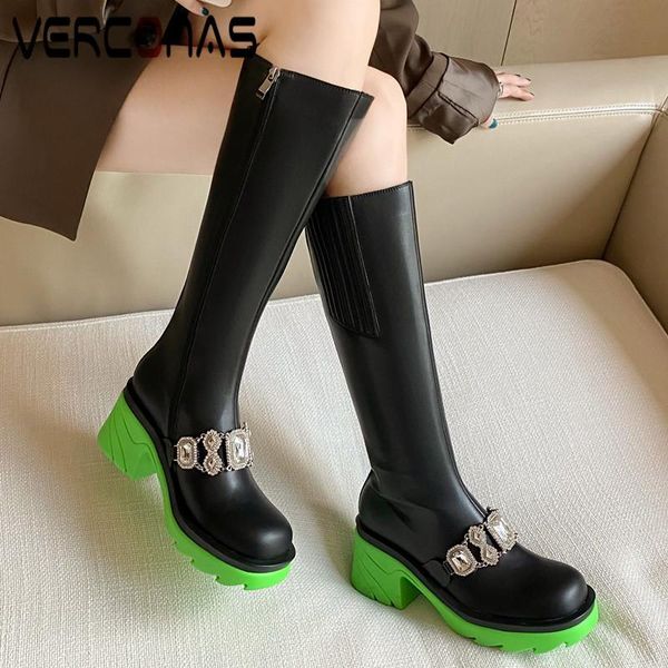 

boots verconas fashion motoecycle woman knee high autumn winter warm cow leather night club party basic office prom shoes, Black