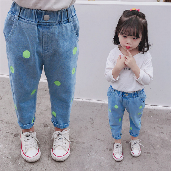 

2021 .2022 spring summer kids clothes wild jeans for girls soft loose dot jeans for childrens jeans baby girls toddler denim pants, Blue