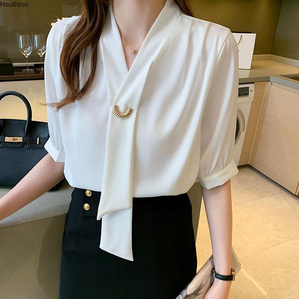 

women's blouses & shirts satin short sleeve v-neck bow solid color fashion casual korean loose commute lady blusas, White