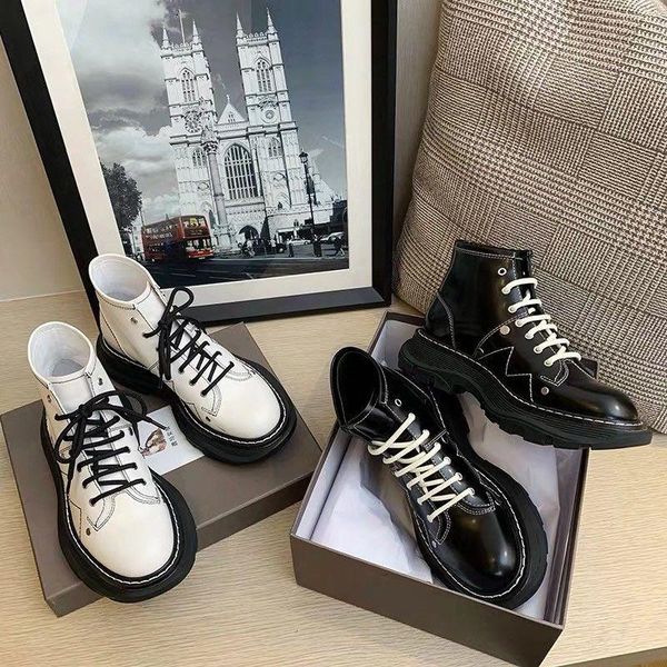 

boots female 2021 pu leather women booties lace up shoes non-slip girl black white
