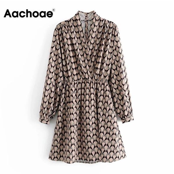 

aachoae geometric print a line vintage dress women elegant v neck elastic waist dresses female long sleeve party mini dress 210413, Black;gray