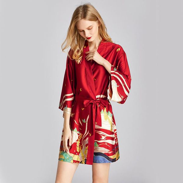 

women's sleepwear burgundy chinese style print robe gown female v-neck short nightgown bride wedding kimono bathrobe satin -xxl, Black;red