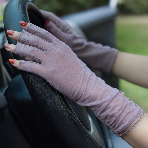 

five fingers gloves summer sunscreen female half finger ladies thin anti-uv fingerless silk women driving 25cm fs25, Blue;gray