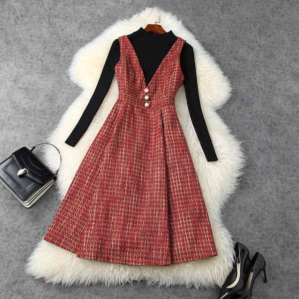 

casual dresses fall long sleeve round neck knitted + sleeveless v neckline buttons plaid tweed mid-calf dress two piece 2 pieces set ln01115, Black;gray