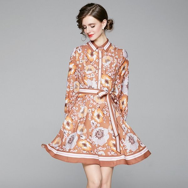 

flowers print women shirt dress autumn long sleeve turn-down collar casual elegant holiday midi vestidos dress festa 210514, Black;gray