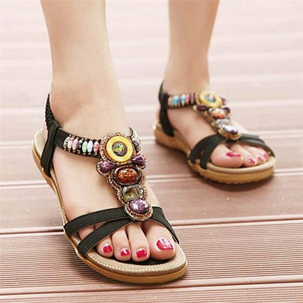 

slippers summer women's sweet beaded clip toe flats bohemian herringbone sandals designer beach shoes zapatos de mujer 2021 25, Black