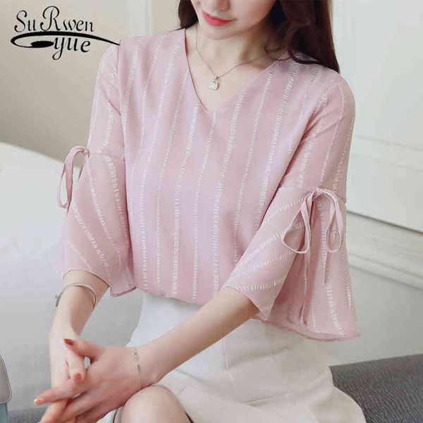 

short sleeved blouses striped bow v-neck women clothing flare shirts casual chiffon 0293 40 210521, White