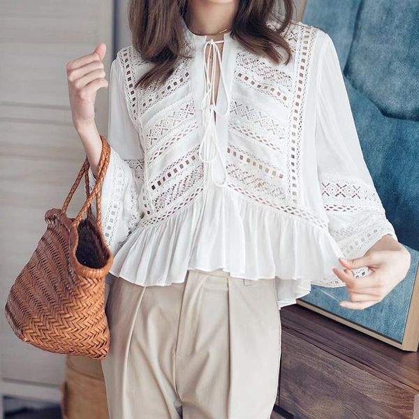 

women's blouses & shirts 2021 spring and summer black white lace embroidery hollow shirt women
