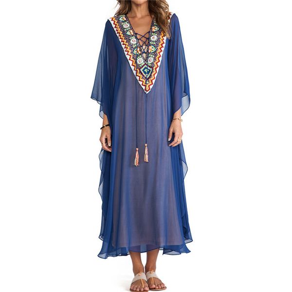 

blue bohemian embroidered lace up v-neck bats sleeve loose summer beach dress plus size women beachwear kaftan robe n975 210416, White;black
