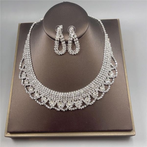 

earrings & necklace simple bridesmaid bridal jewelry set bling rhinestone crystal choker women african wedding, Silver