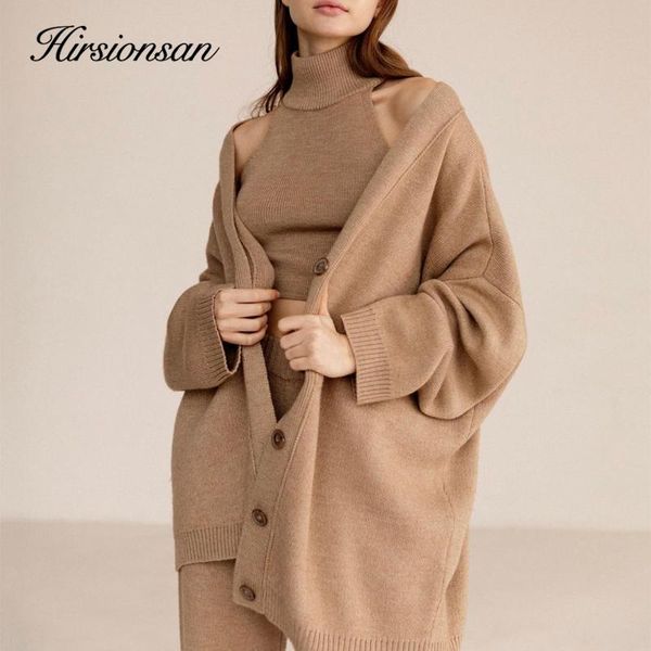

women's two piece pants hirsionsan 2021 soft knitted set women autumn winter casual three pieces sweater cardigan vest and outfits soli, White