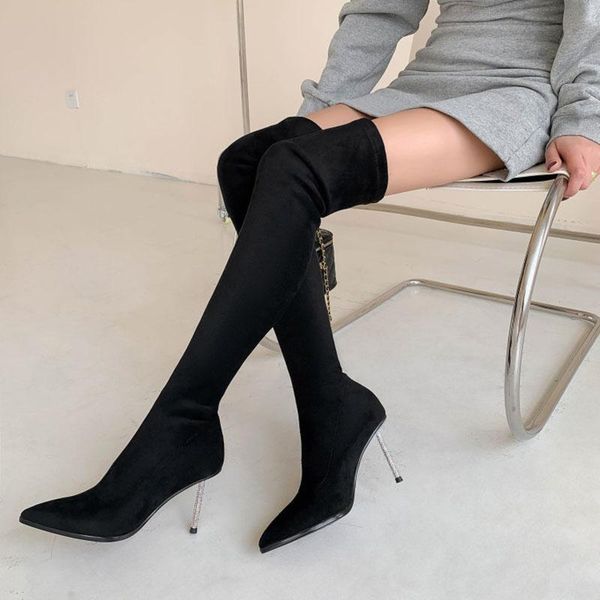 

boots over knee 2021 spring and autumn thin heel beige elastic european american style exquisite fashionable, Black